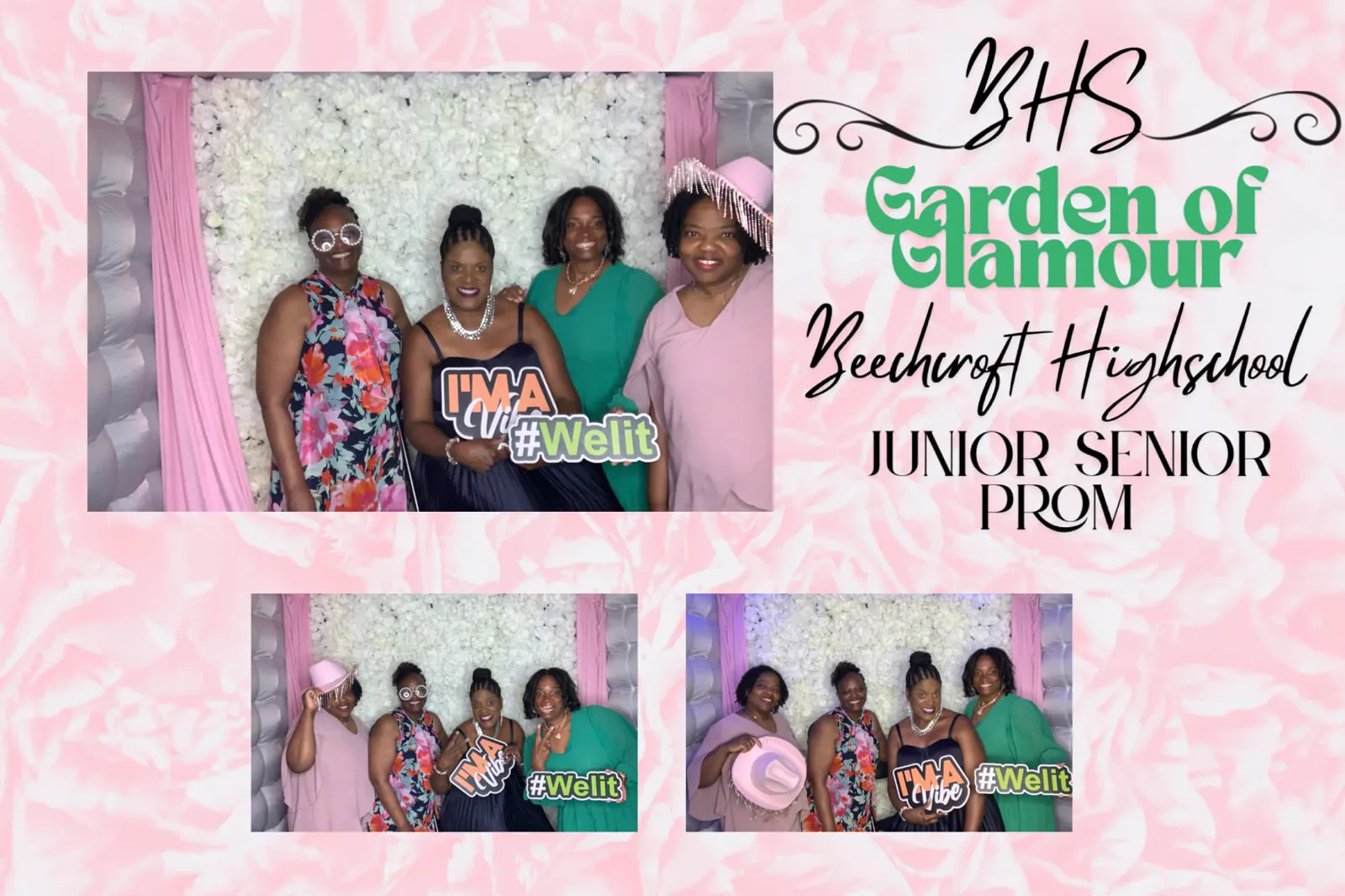 Custom prom overlay with three photo poses against a white floral wall — Photo Booth & 360 Experiences by Good Time Mascots in Columbus, Ohio