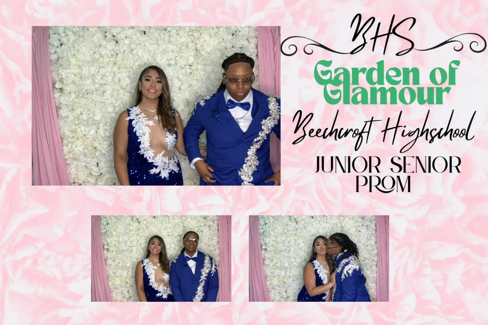 Prom guests with a custom school dance overlay and floral wall backdrop — Photo Booth & 360 Experiences by Good Time Mascots in Columbus, Ohio
