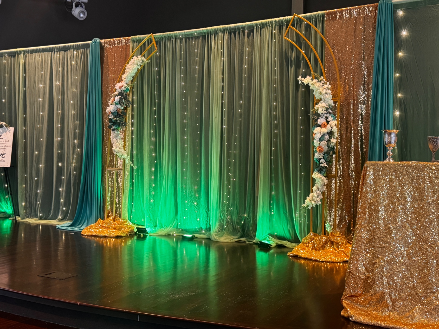 Sage, Gold & Fairy Light Arches — Draping event by Good Time Mascots