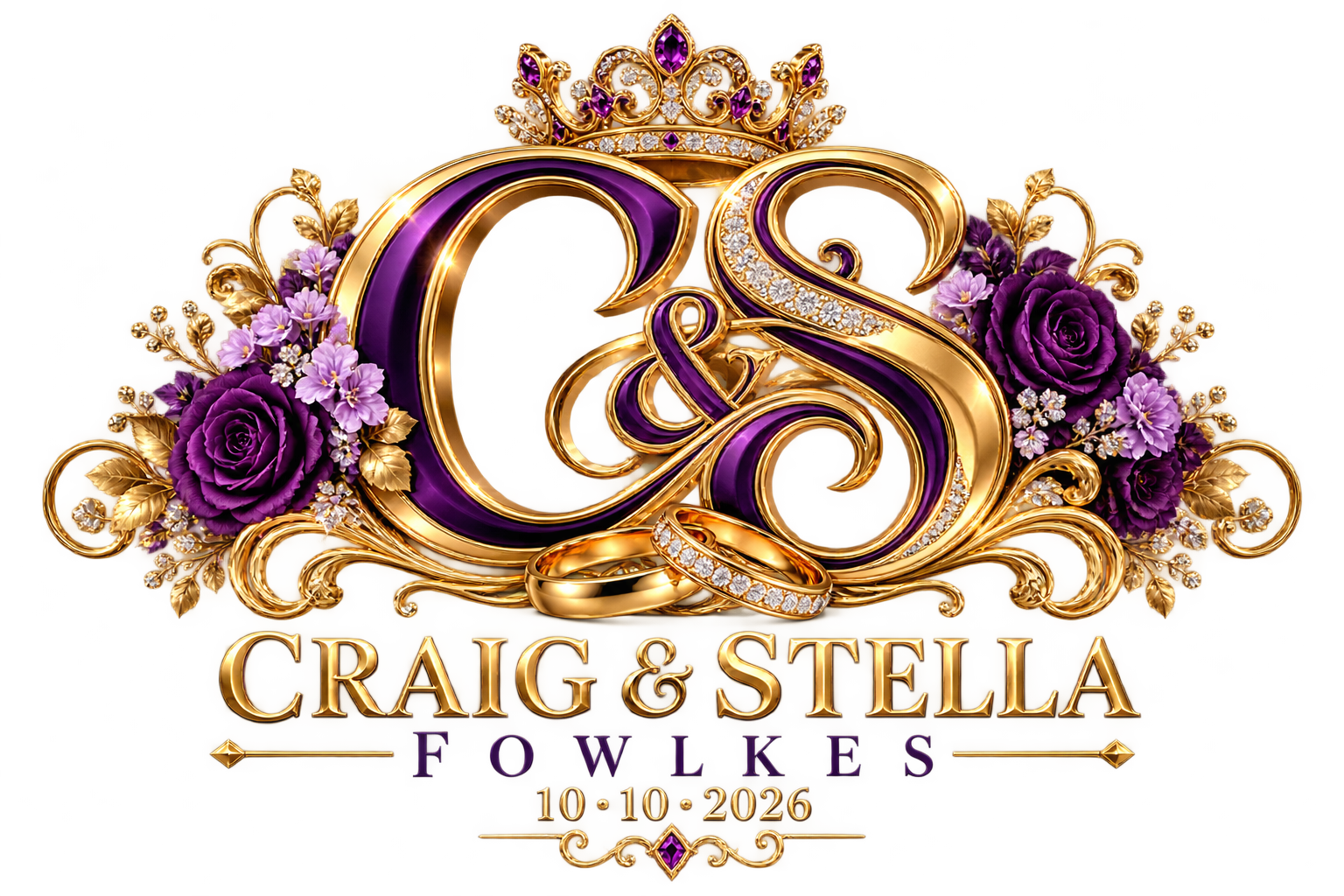 Gold and amethyst wedding monogram created for a couple's celebration — Custom Graphics & Signage by Good Time Mascots in Columbus, Ohio