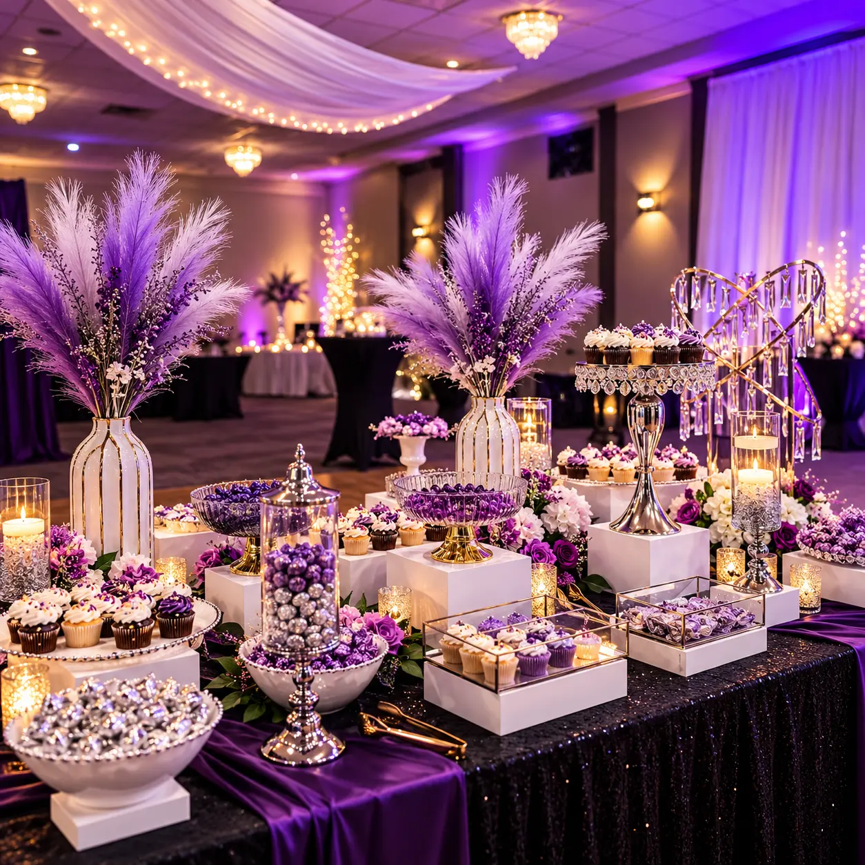 Purple and silver dessert display beneath a fairy-lit draped ceiling — Tablescape & Culinary Presentation by Good Time Mascots in Columbus, Ohio
