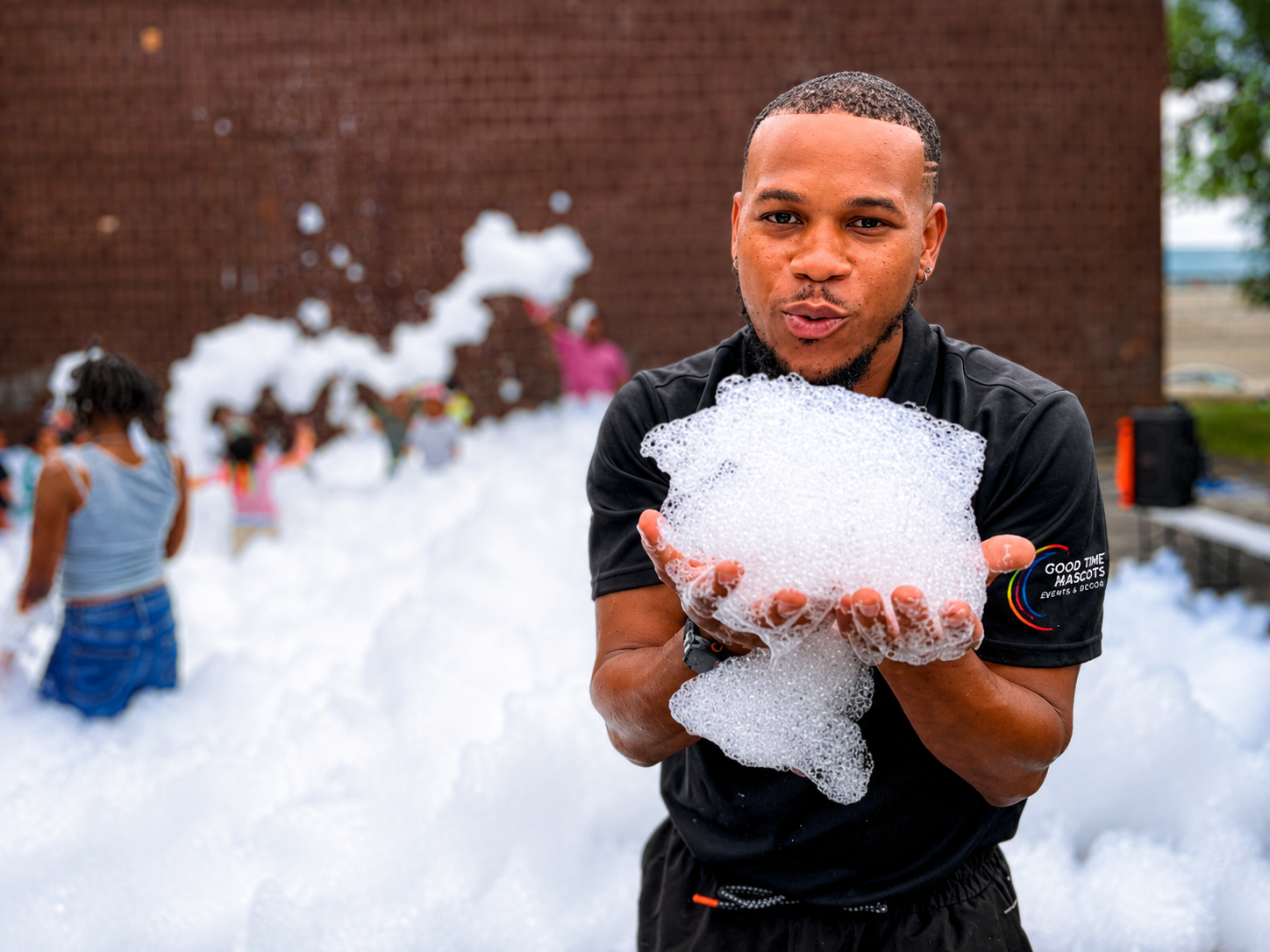 Craig Fowlkes on-site at a Good Time Mascots foam party