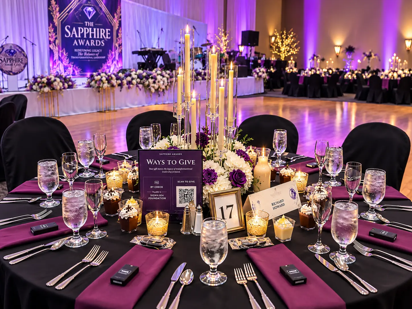 Multi-arm glass candelabra and florals before the Sapphire Awards stage and dance floor — Corporate & Brand Experiences by Good Time Mascots in Columbus, Ohio