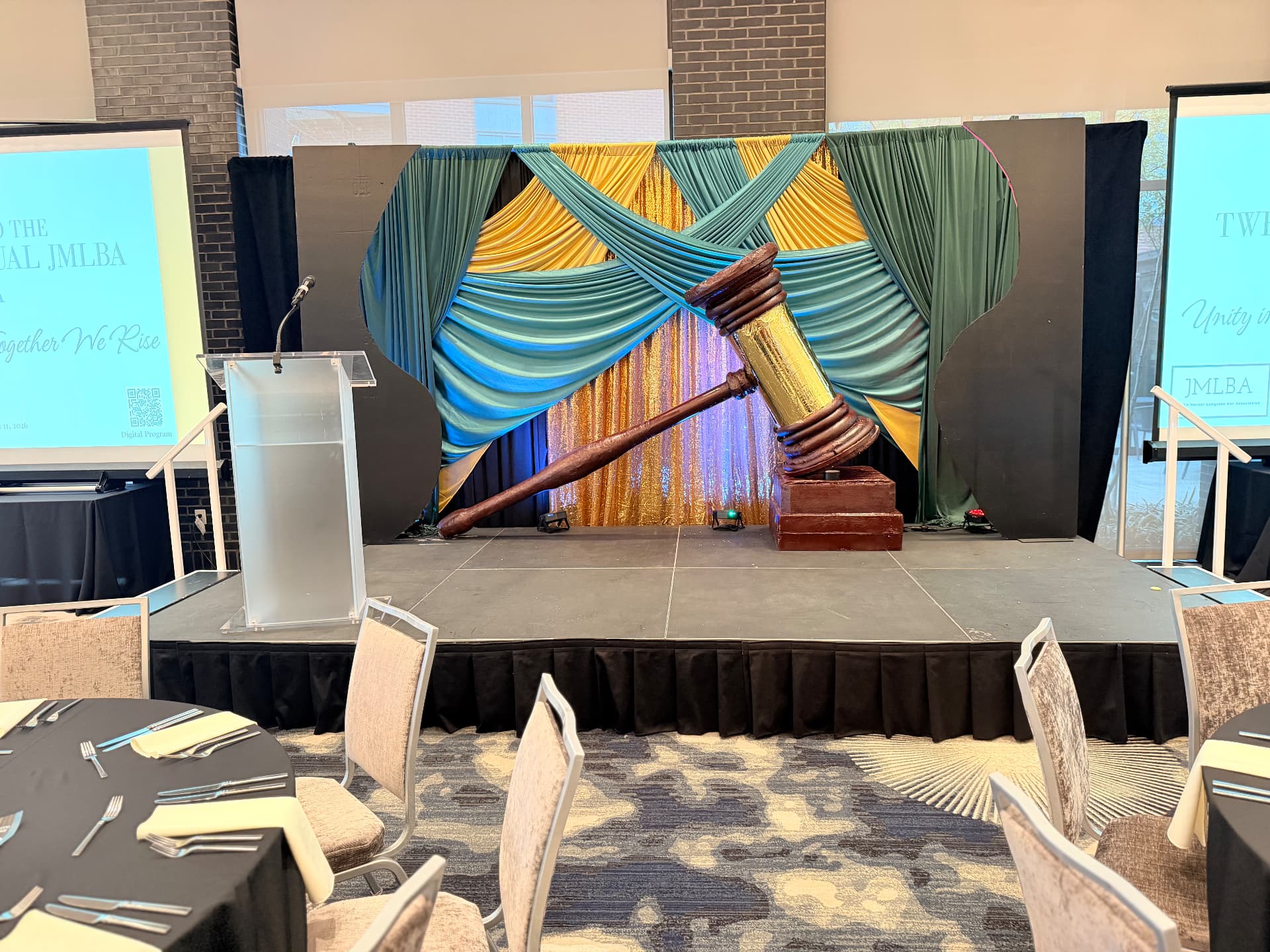 Gala stage with printed projection screens for a bar association dinner — Stage & Presentation Experiences by Good Time Mascots in Columbus, Ohio