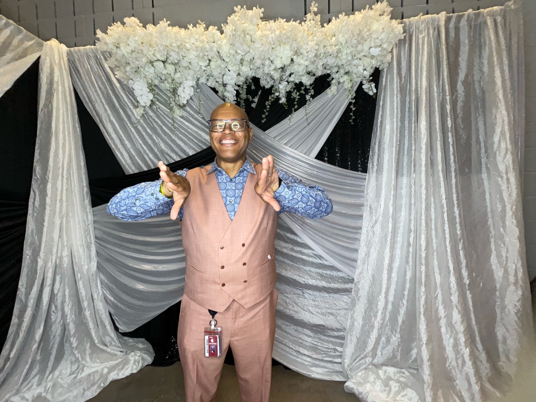 Ivory Floral Crossover Backdrop — Draping event by Good Time Mascots