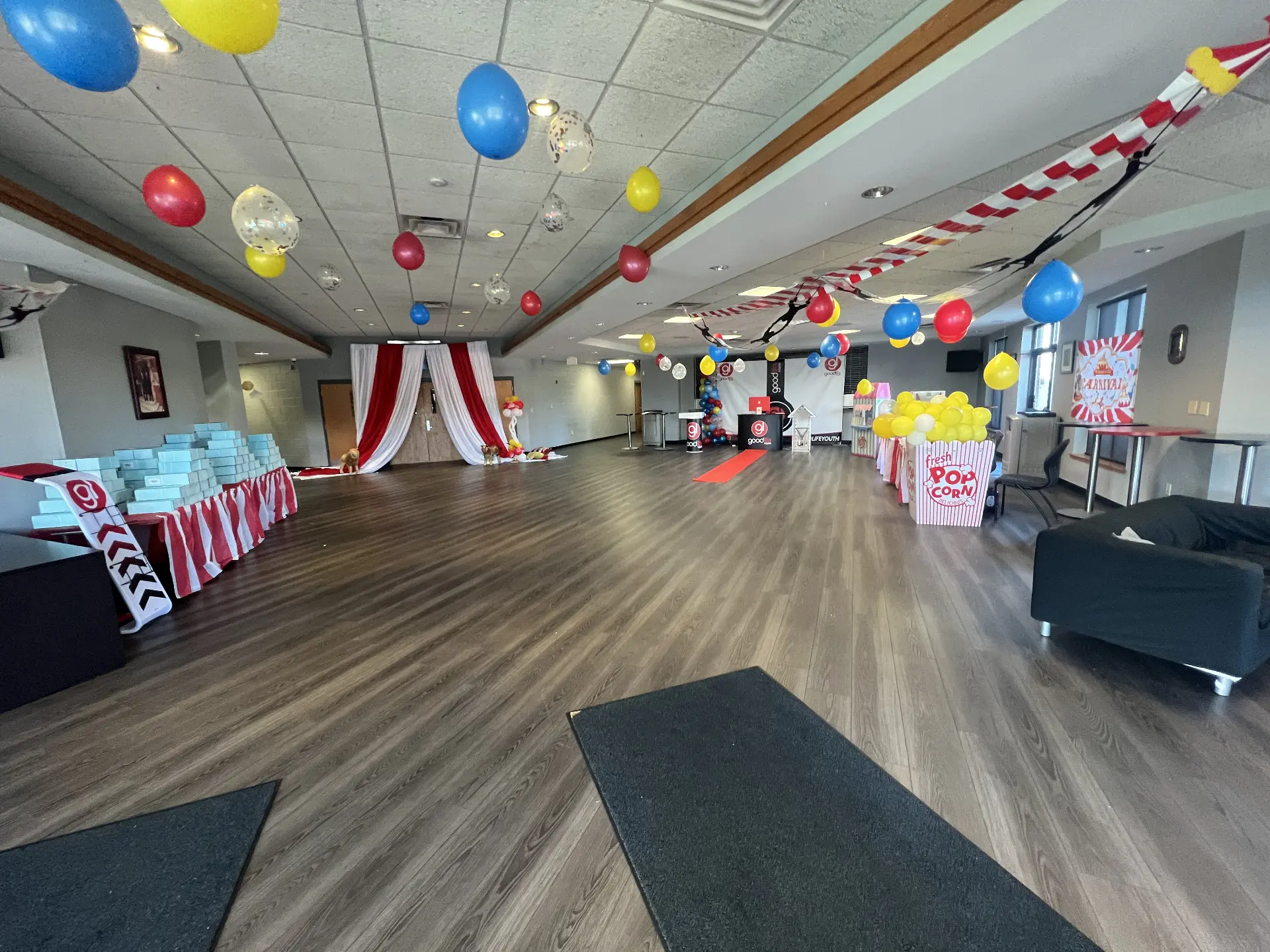 Youth event room with a big-top entrance, gift tables and concession station — Church & Community Events by Good Time Mascots in Columbus, Ohio