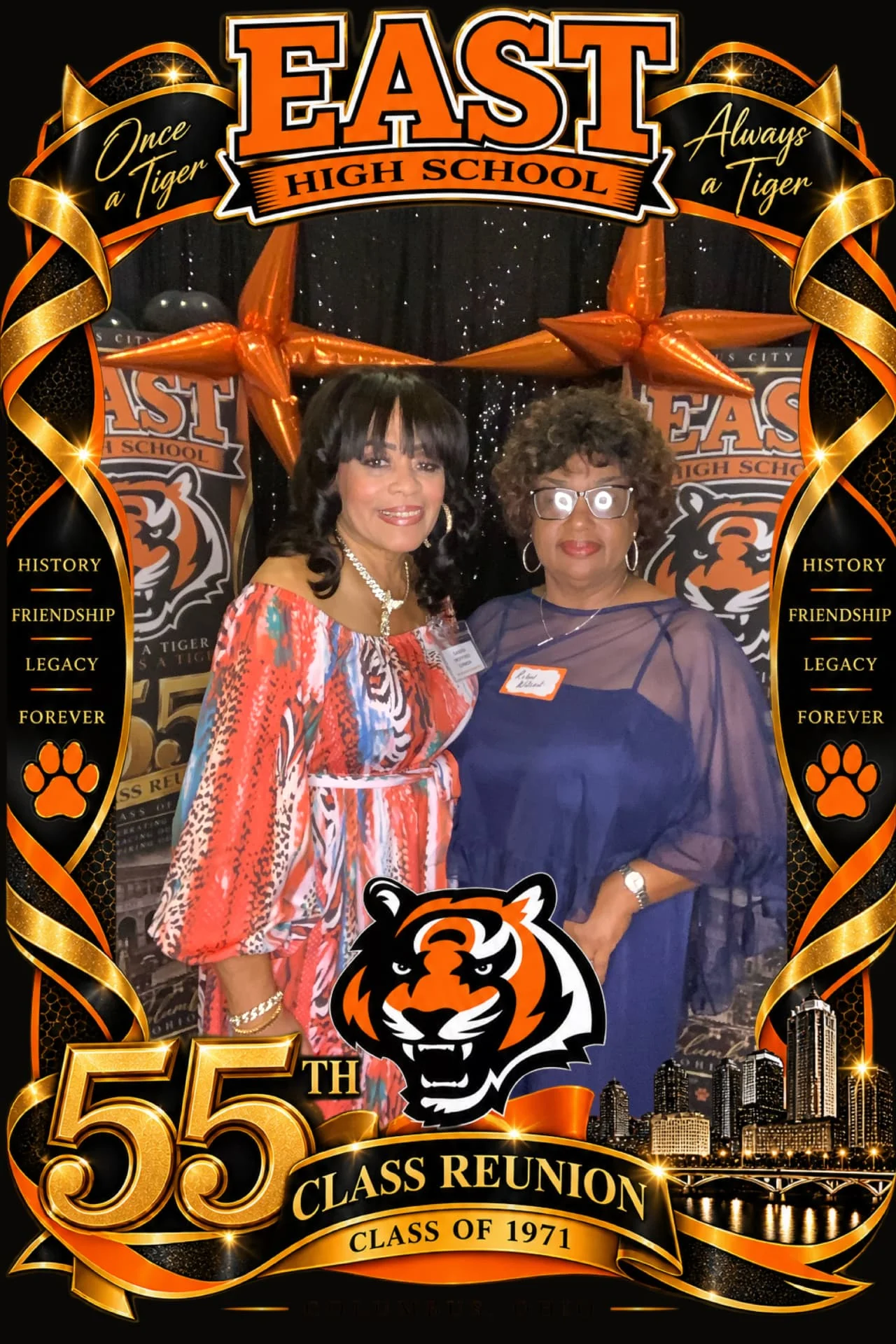Guests in front of a black sequin photo booth backdrop with a custom event overlay — Photo Booth & 360 Experiences by Good Time Mascots in Columbus, Ohio