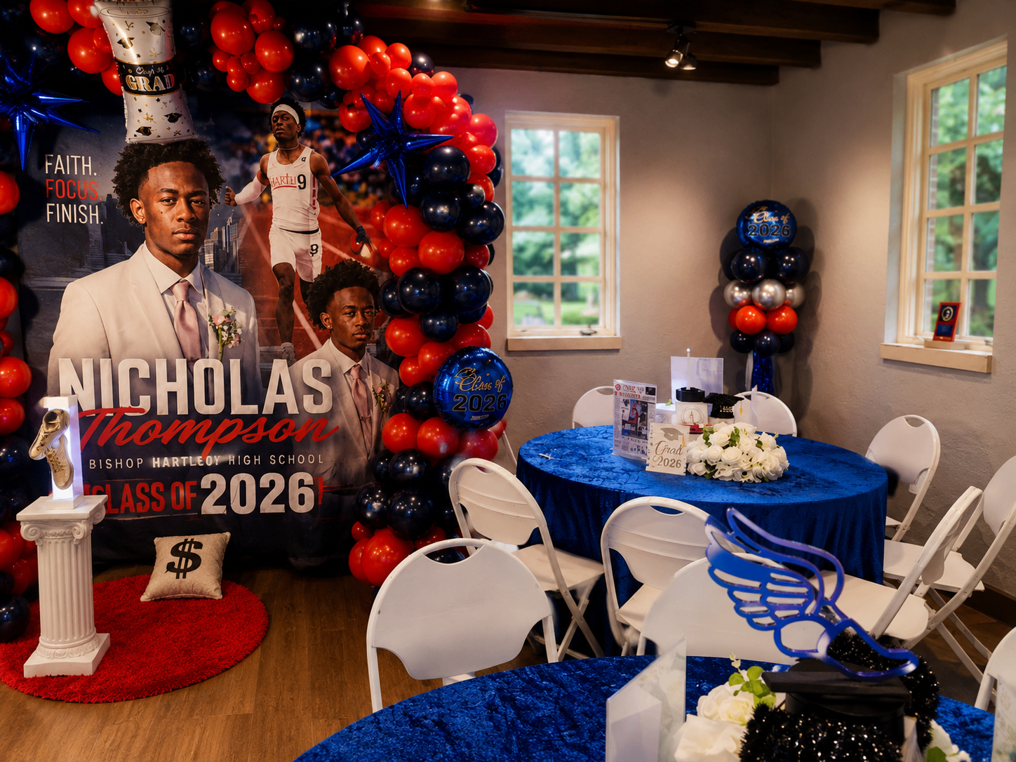 Full-room graduation reveal designed and produced by Good Time Mascots — draped ballroom, gold balloon installations, illuminated tablescapes.