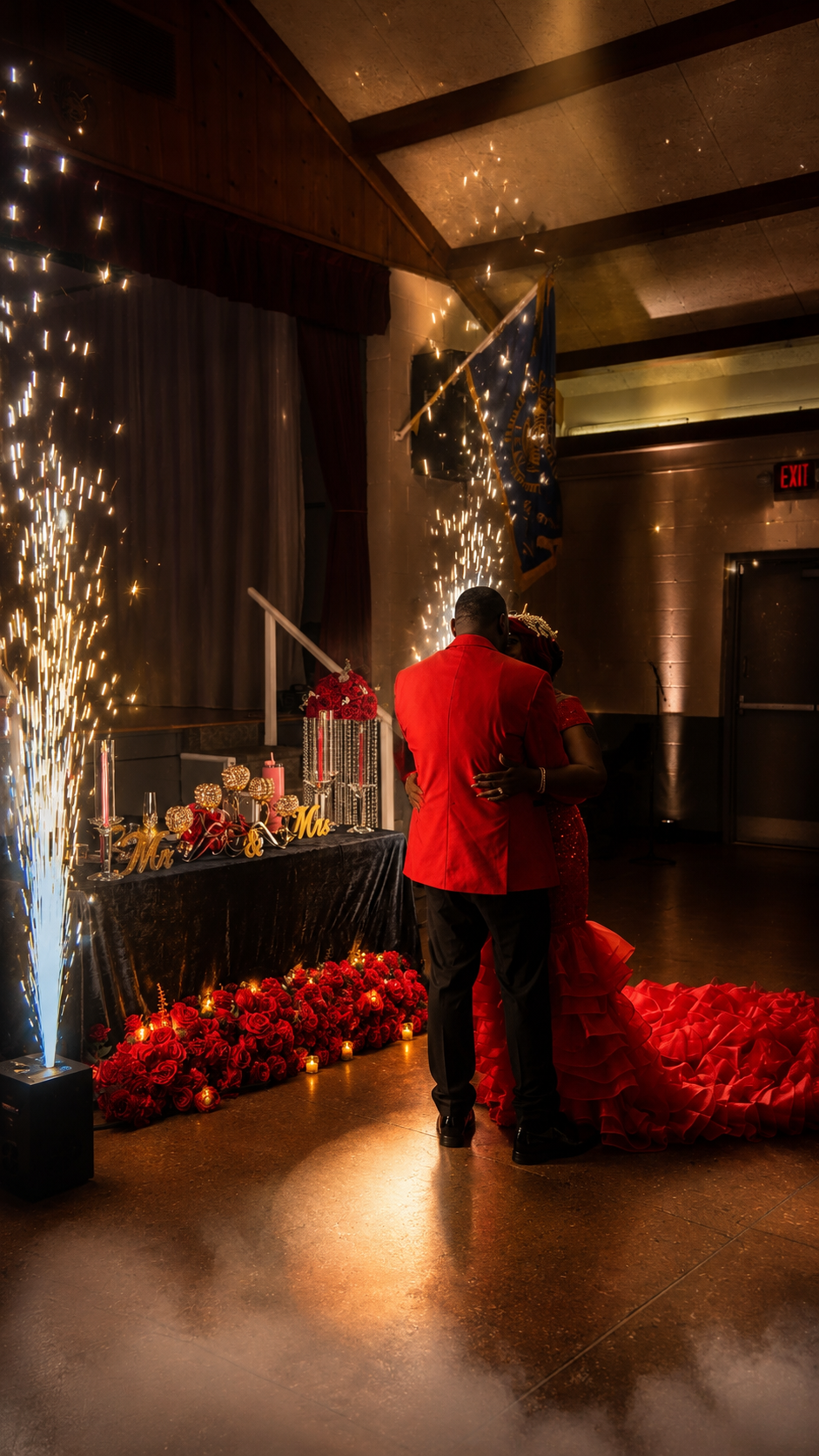 First dance framed by spark fountains and low fog — Weddings by Good Time Mascots in Columbus, Ohio