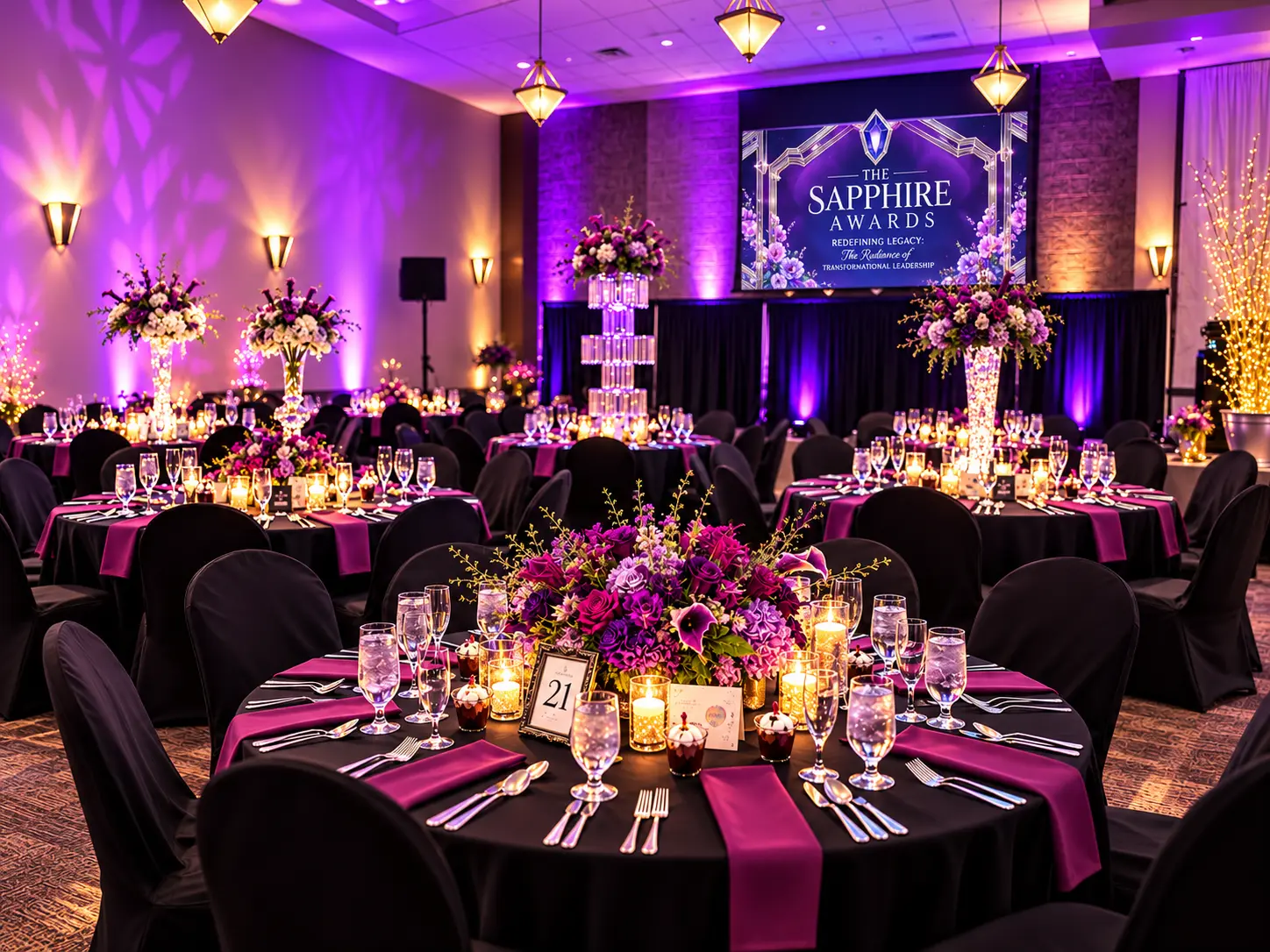 Full ballroom and stage set for a Columbus awards gala — Event Production & Logistics by Good Time Mascots in Columbus, Ohio