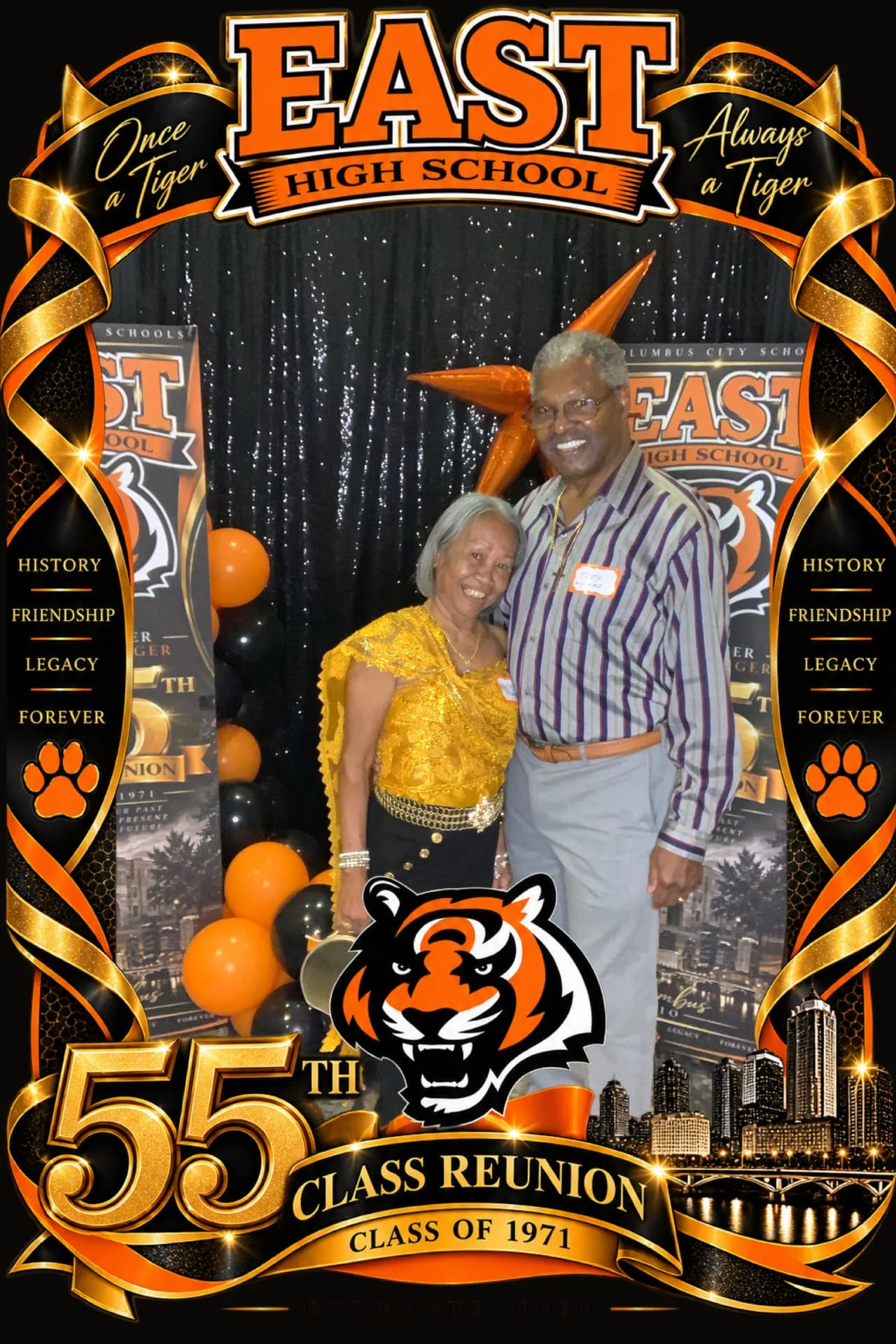 Reunion guests posing at a custom-branded photo booth with a sequin backdrop — Photo Booth & 360 Experiences by Good Time Mascots in Columbus, Ohio