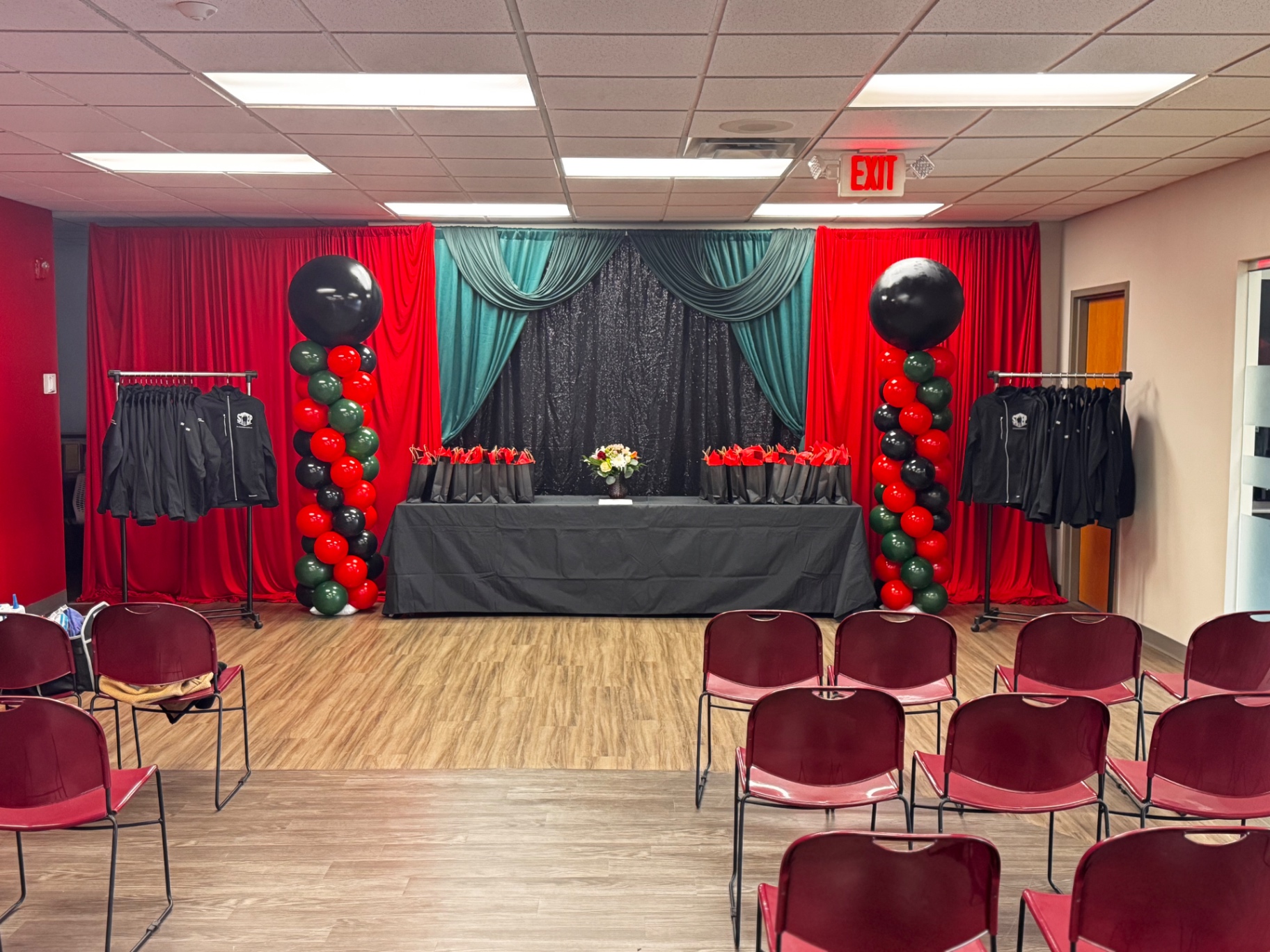 Red, Teal & Onyx Swag — Draping event by Good Time Mascots