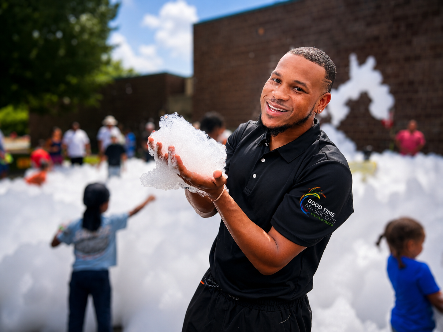 Guests enjoying a foam party produced by Good Time Mascots