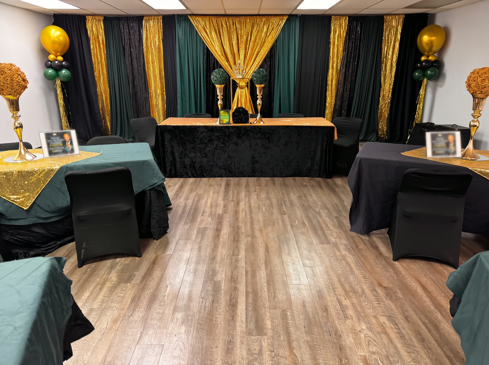 Full church banquet room with balloon columns and styled guest tables — Church & Community Events by Good Time Mascots in Columbus, Ohio